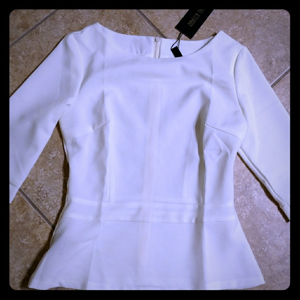 Rebecca Tatti White Peplum Top Linen Blend Size M